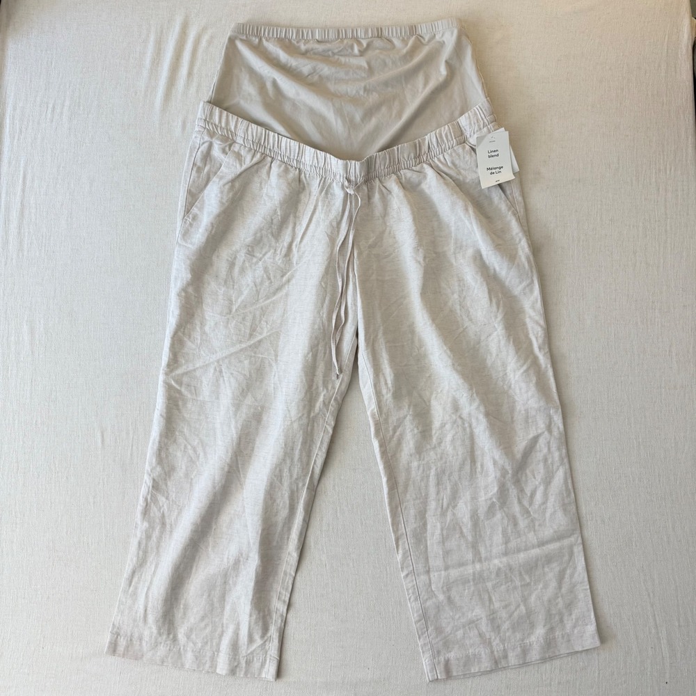 H&M MAMA Linen Blend Maternity Pants XL Beige Straight Leg Over Belly NWT